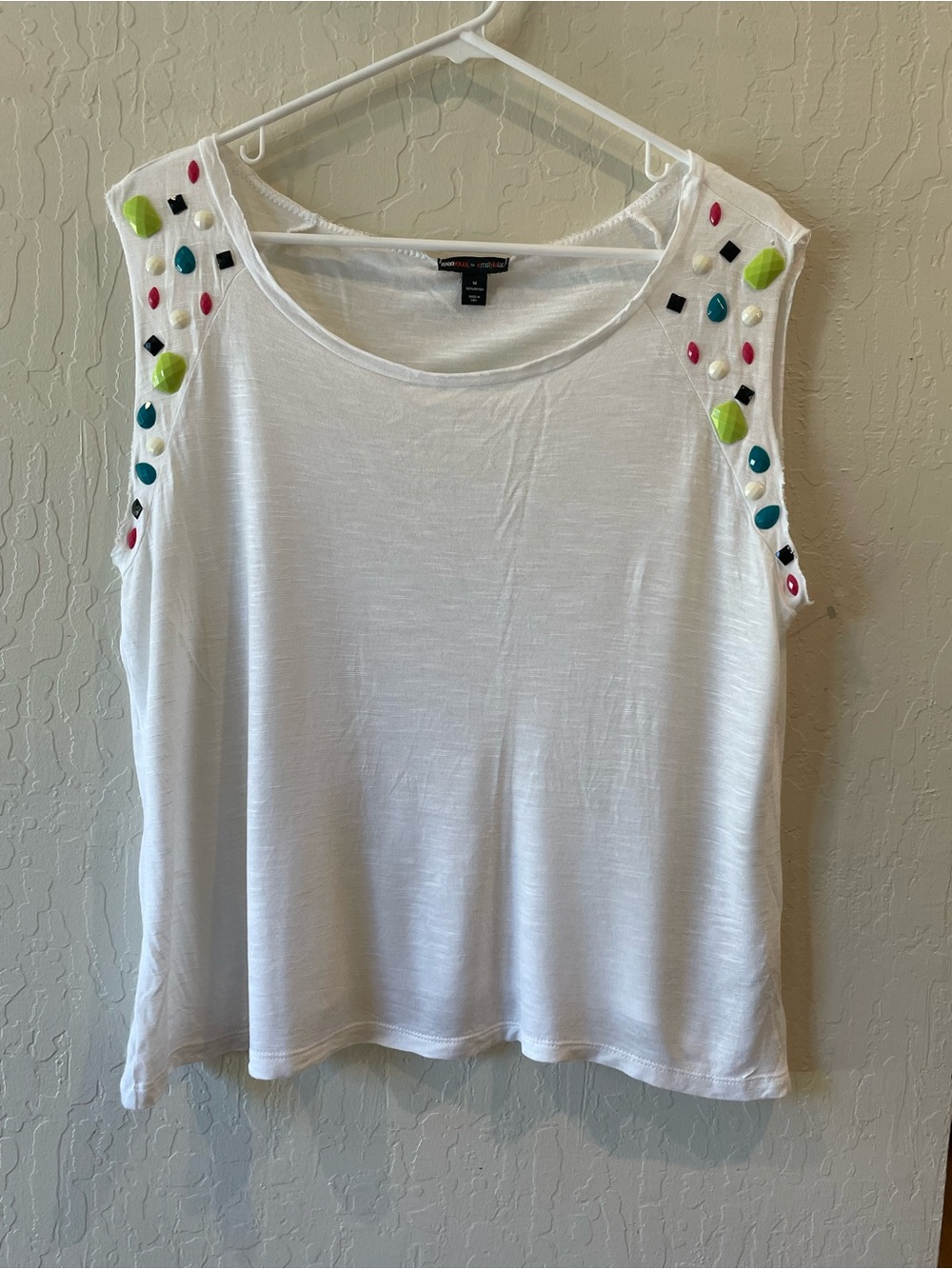 Mstylelab White Tank Top with Multicolor Shoulder Gems